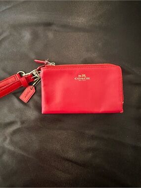 COACH Red Leather Wristlet Pouch with Gold Logo- Double Zipper